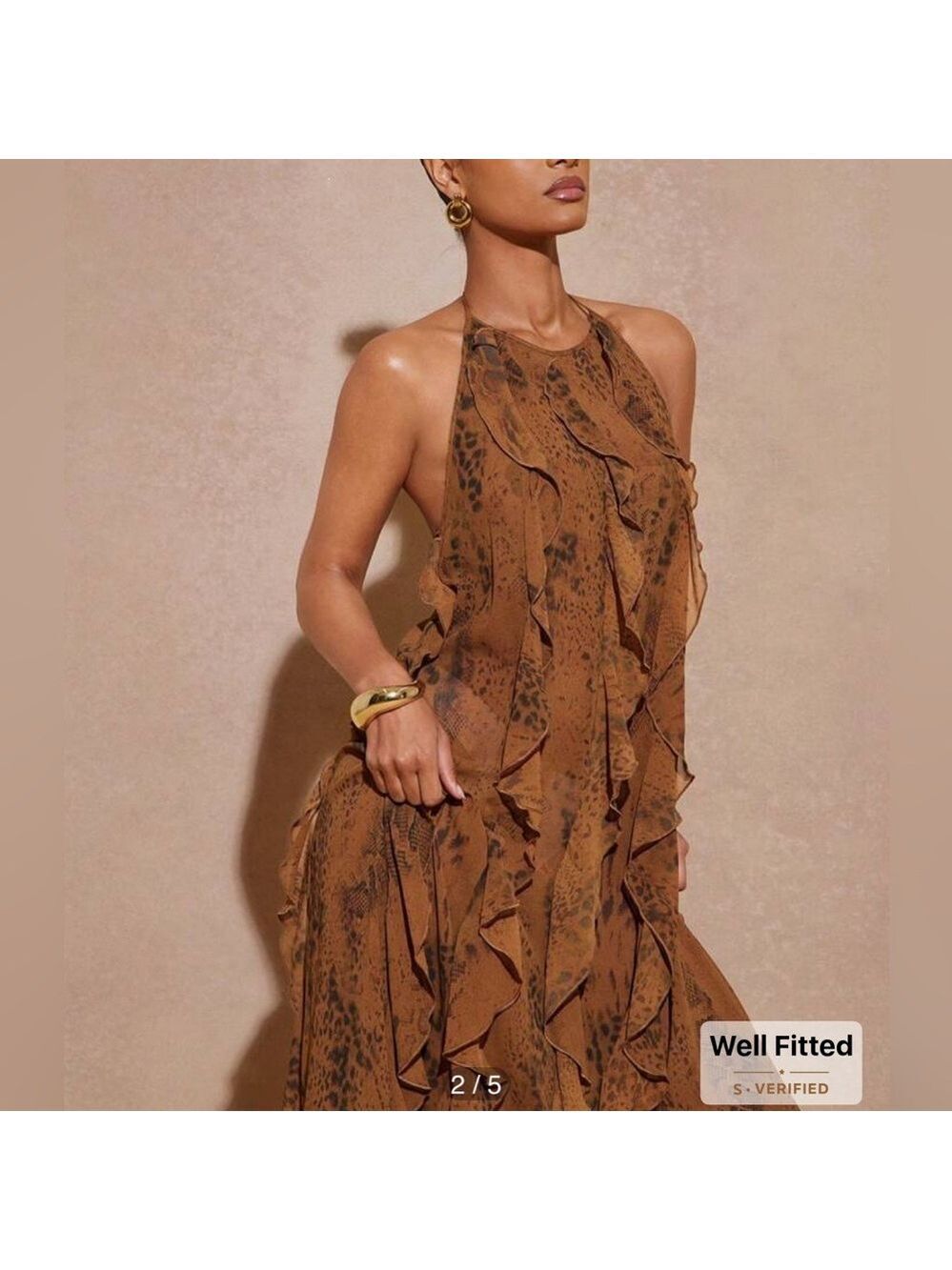 HAUTE Chocolate Brown Ruffled Halter maxi dress Flowy feminine  Semi sheer  sz 2